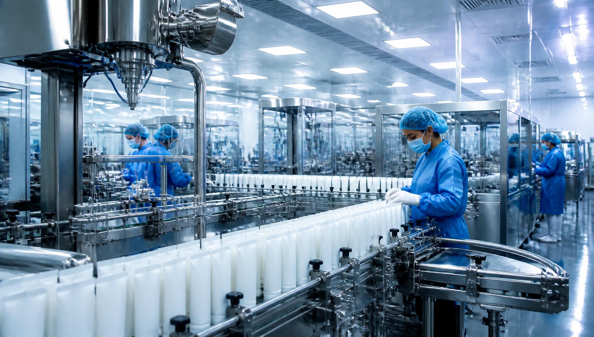 Linha de produção industrial de bisnagas plásticas em ambiente limpo e automatizado
