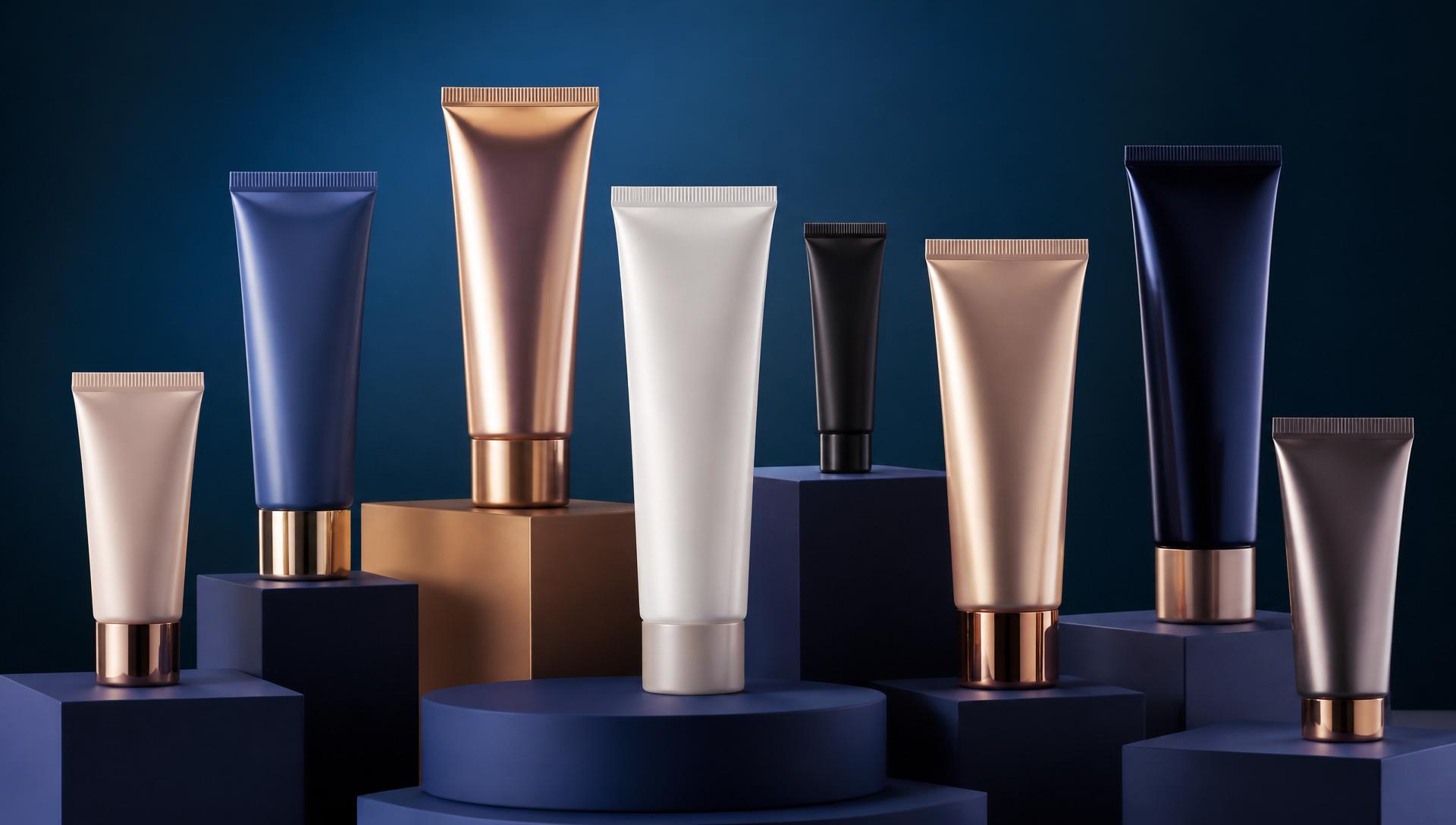 Coleção de bisnagas cosméticas em acabamentos foscos, brilhantes e metalizados sobre pedestais
