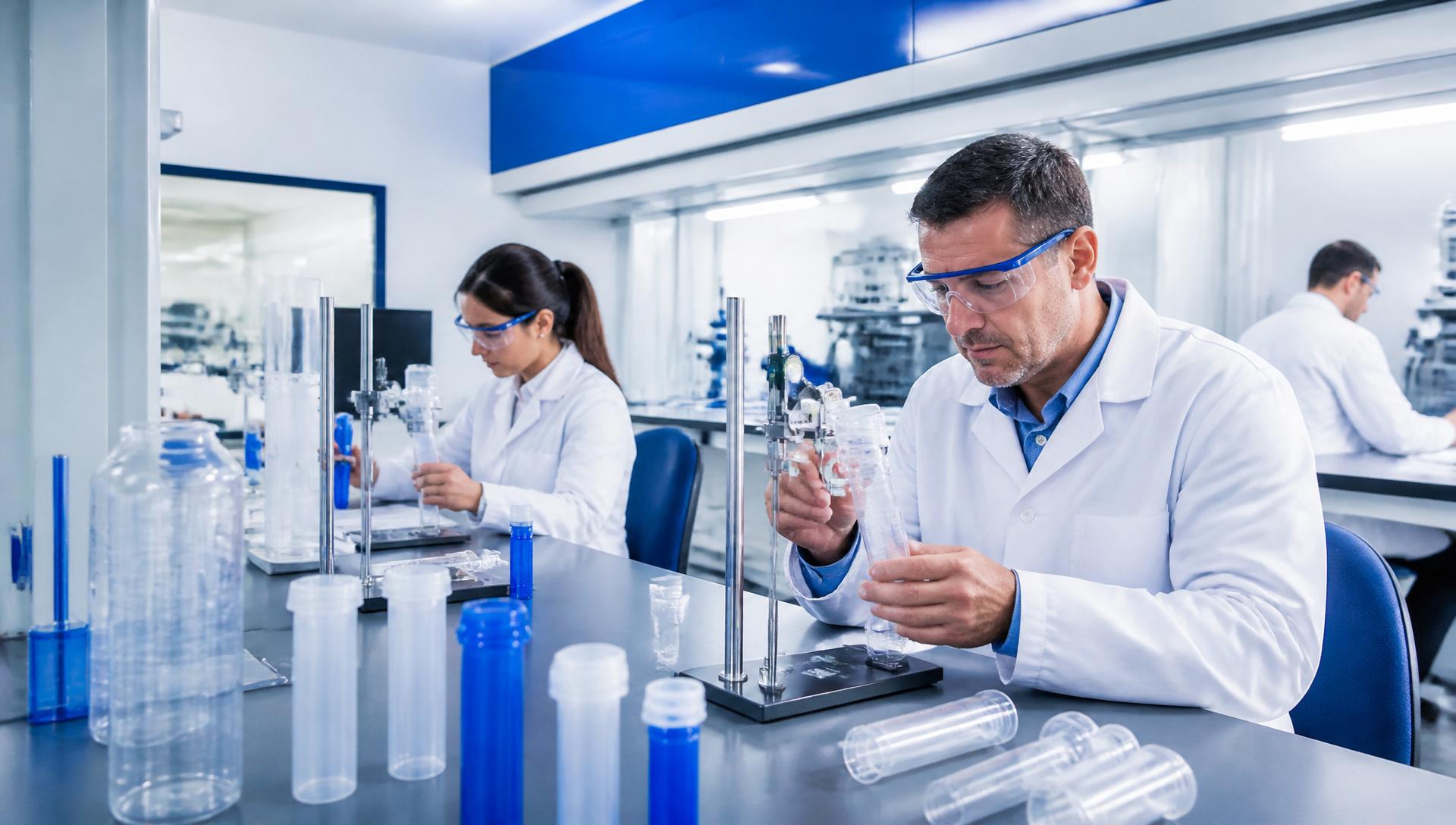 Laboratório de controle de qualidade analisando frascos e bisnagas plásticas